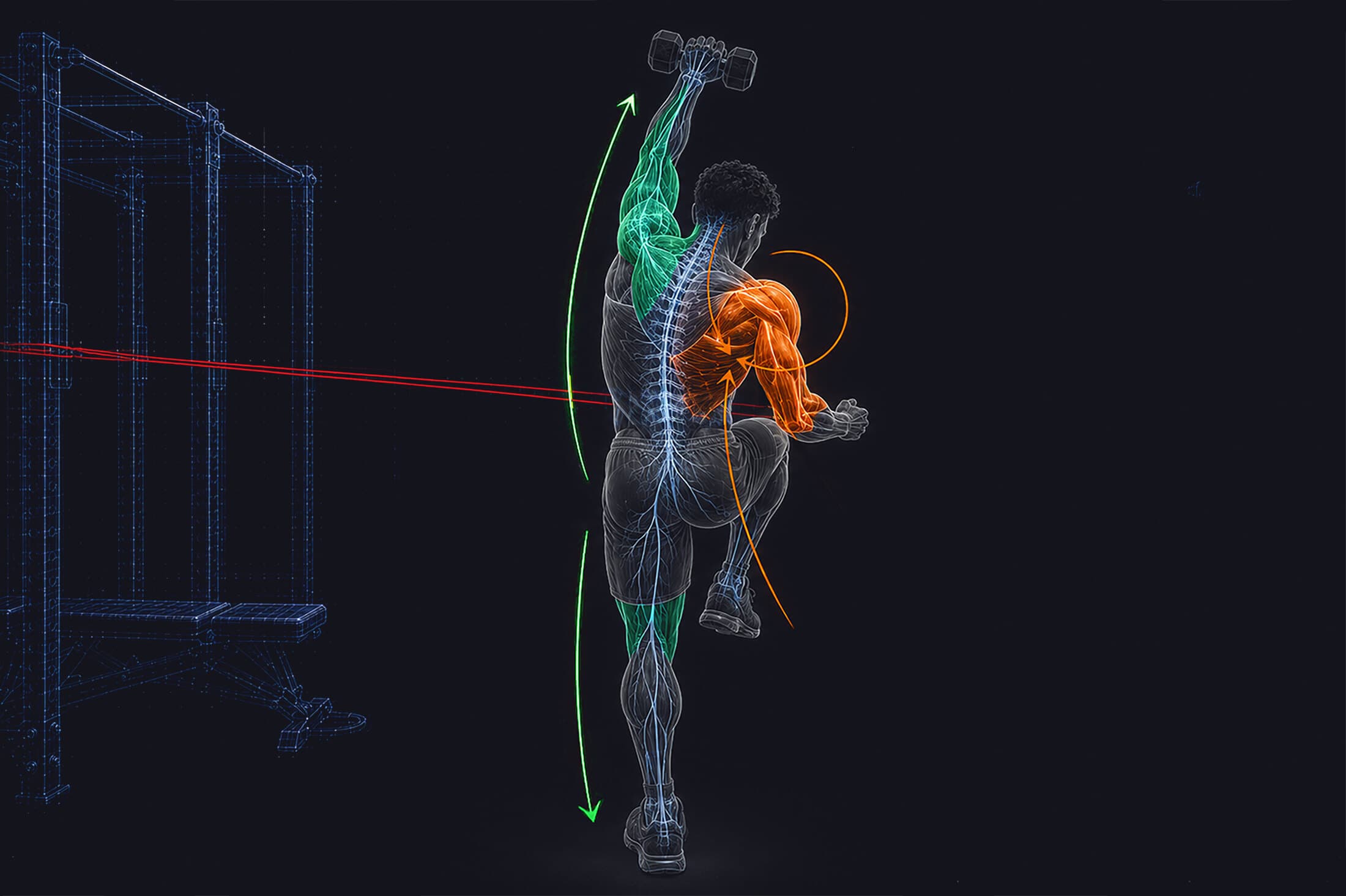 Translucent anatomical figure mid-press with kinetic chains and neural pathways